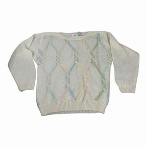 Vintage Knit deVille Women Sm White Rainbow Sweater Cotton 80's/90's